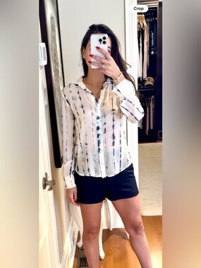 NWT Bella Dahl White Sheer Button-Down with Black Tie-Dye Stripes